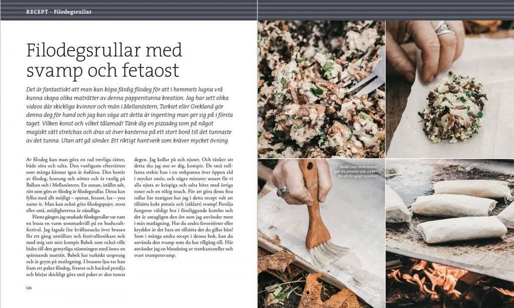 Recept på filodegsrullar med svamp och fetaost ur Svampbok för matälskare, kokbok hos Svamphuset.